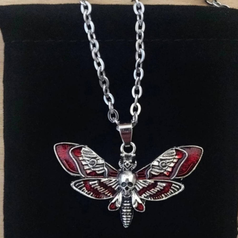 Silver and Red Moth Pendant Necklace
